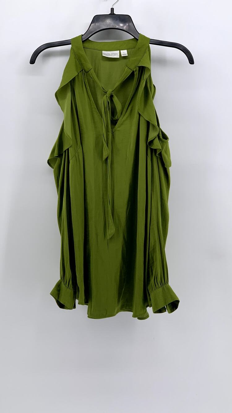 BISOU BISOU Women's Green Ruffle Tie-Neck Sleeveless Top SZ L